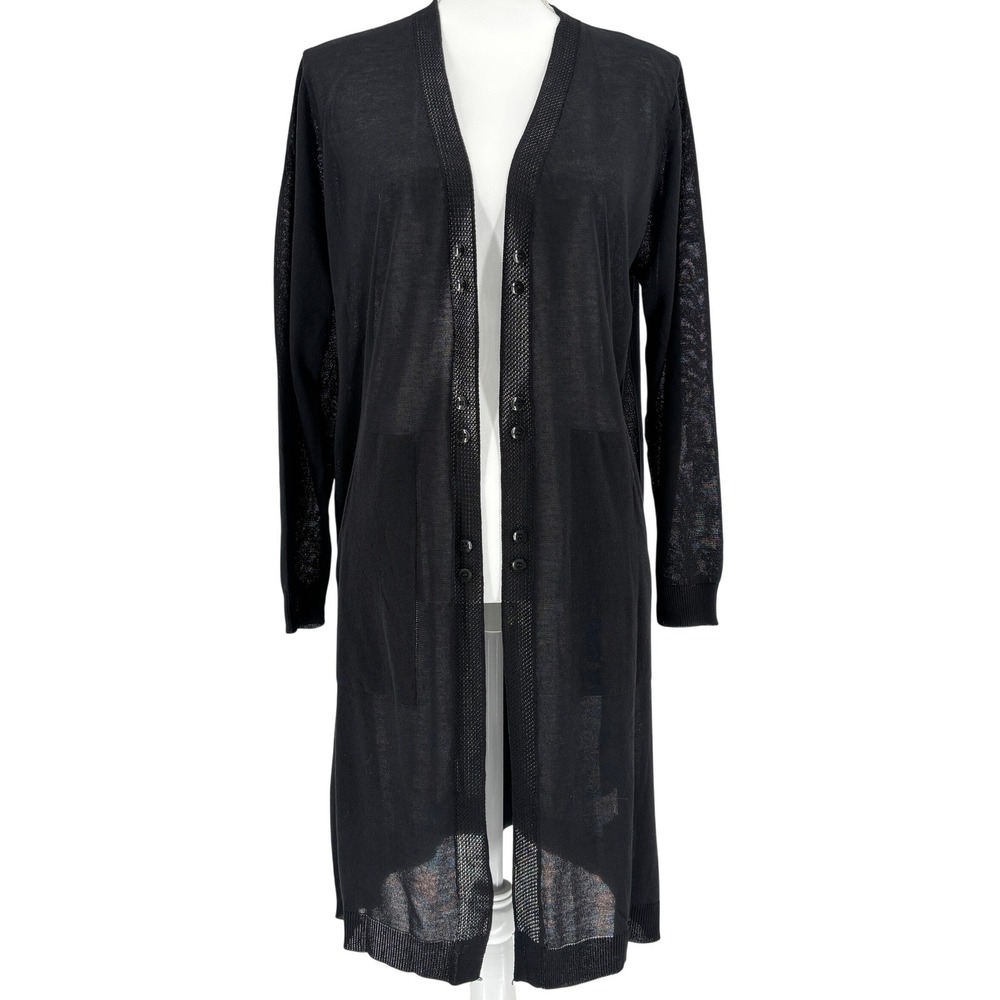 Black Sheer Longline Cardigan Duster Open Front Lightweight Layering Size L